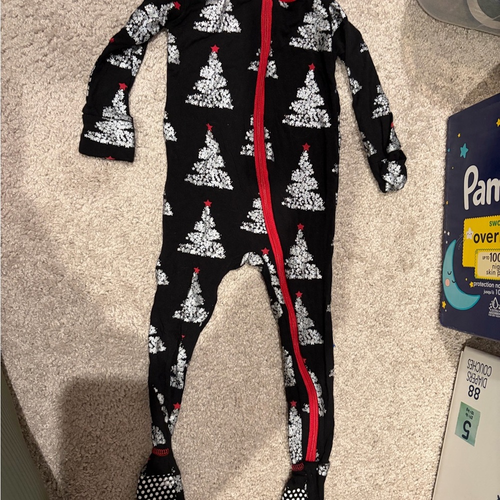 Kickee Pants Black Footie with White Christmas Trees and Red Zipper